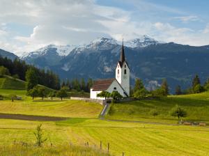 Switzerland, Alps, mountains, grass, trees, church, sky, clouds wallpaper thumb