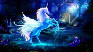 Art pictures, unicorn, horse, water, rays, forest, blue wallpaper thumb