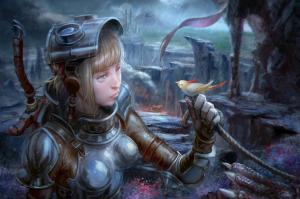 Fantasy Art, Girl, Armor, Bird, Rain wallpaper thumb