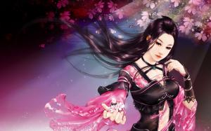 Asian art girl, petals, sakura flowers wallpaper thumb