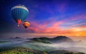 Hot air balloons flying, morning, dawn, sunrise, mountains, fog wallpaper thumb