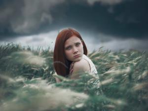 Freckled girl, sit, grass wallpaper thumb