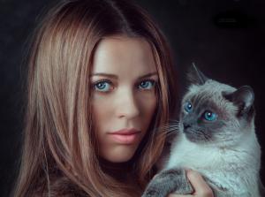 Women, Model, Face, Portrait, Cat, Brunette, Blue Eyes wallpaper thumb