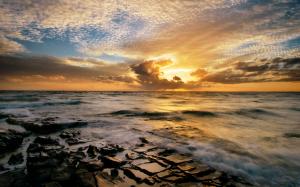 Ocean Rocks Stones Sunset Clouds HD wallpaper thumb