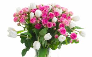 Vase, flowers, pink roses, white tulips wallpaper thumb
