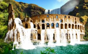 Colosseum, waterfall, mountains, greenery, nature landscape wallpaper thumb