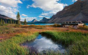 Banff National Park, Alberta, Canada, lake, mountains, trees, grass, bridge wallpaper thumb