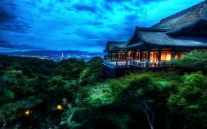 Japanese architecture Kiyomizu Kyoto, dusk, lights, blue wallpaper thumb