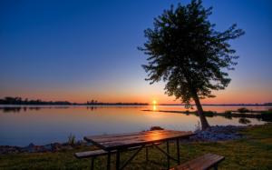 Dusk lake, sunset, tree, table, chair wallpaper thumb