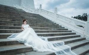 Stairs, white dress girl, bride, wedding wallpaper thumb
