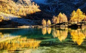Mountains, trees, lake, water reflection, autumn, sunset wallpaper thumb