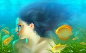 Girl mermaid with fish wallpaper thumb