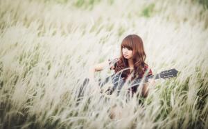 Asian girl, grass, guitar, music wallpaper thumb
