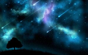 Meteor shower at night, blue sky, trees silhouette wallpaper thumb