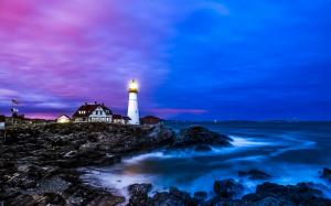 Portland lighthouse, houses, coast, sea, dusk, blue wallpaper thumb