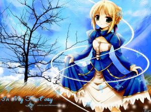 Anime girl blond hair and blue skirt wallpaper thumb