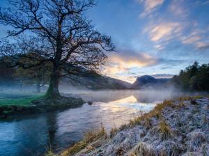 Morning landscape, mountain, river, trees, grass, frost wallpaper thumb