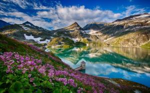 Beautiful spring, mountains, lake, flowers, water reflection, tower wallpaper thumb