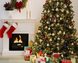 christmas tree, decoration, gifts, fireplace, wreath, stockings, comfort, home wallpaper thumb