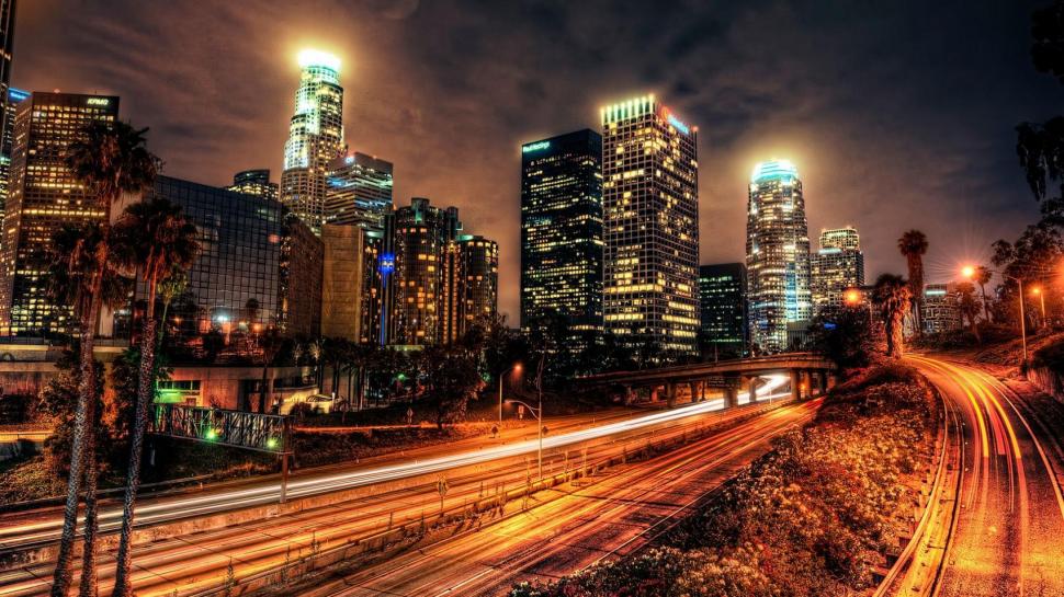 Late Night Highway Through Los Angeles Hdr wallpaper,lights HD wallpaper,city HD wallpaper,highway HD wallpaper,skyscrapers HD wallpaper,nature & landscapes HD wallpaper,1920x1080 wallpaper