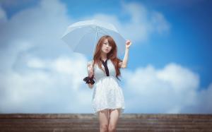White dress Asian girl, umbrella, blue sky wallpaper thumb