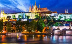 Prague, Czech Republic, Vltava river, city, night, ship, lights wallpaper thumb