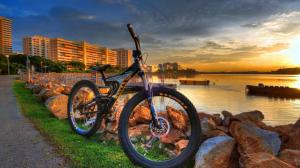 City, coast, bike, sunset wallpaper thumb