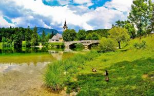 Slovenia, bridge, river, church, grass, summer, clouds wallpaper thumb