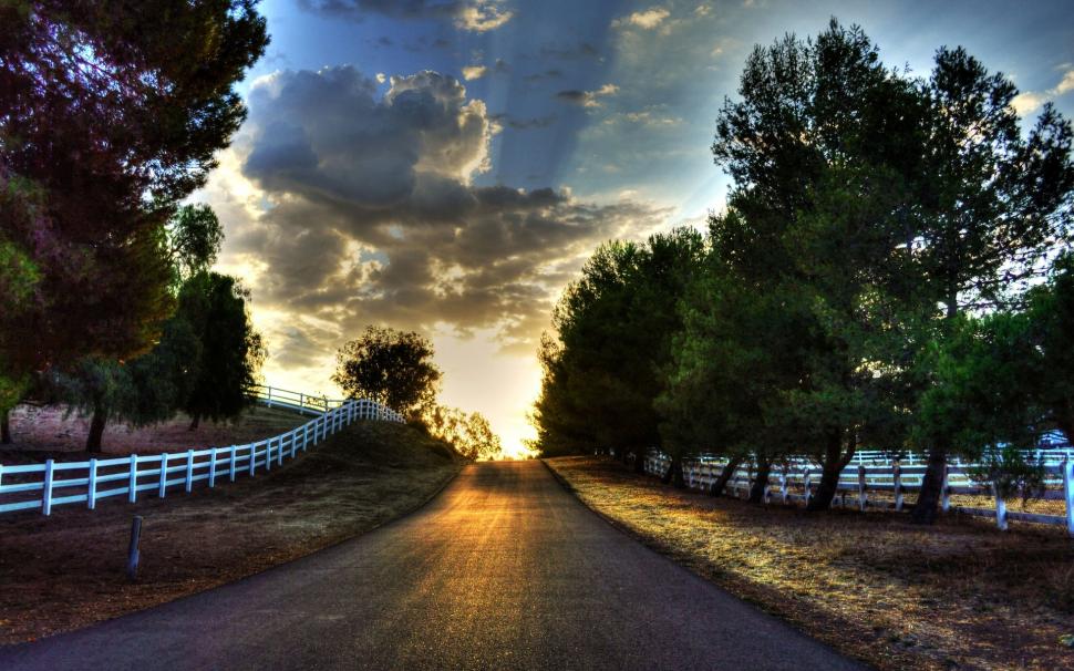 Sunset, road, trees, fence, sky, clouds wallpaper,Sunset HD wallpaper,Road HD wallpaper,Trees HD wallpaper,Fence HD wallpaper,Sky HD wallpaper,Clouds HD wallpaper,1920x1200 wallpaper