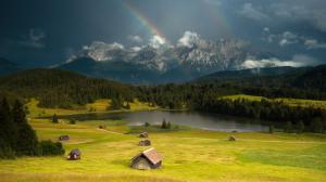 Mountains Trees Forests Rainbows Lakes HD Widescreen wallpaper thumb