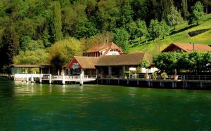 Switzerland, Burgenstock, Lake Lucerne, pier, houses, slope, trees wallpaper thumb