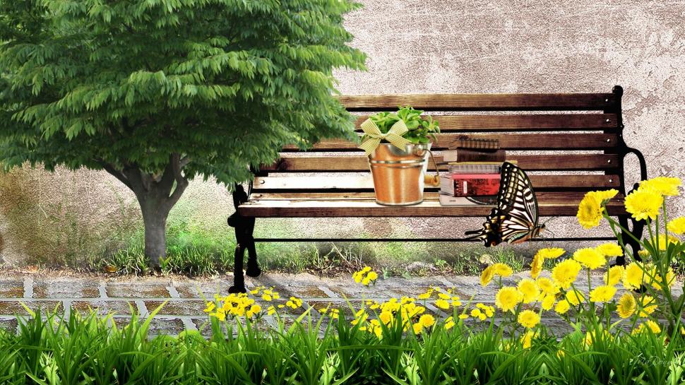 A Place To Rest wallpaper,read HD wallpaper,plants relax HD wallpaper,building HD wallpaper,books HD wallpaper,bench HD wallpaper,tree HD wallpaper,butterfly HD wallpaper,flowers HD wallpaper,spring HD wallpaper,sidewalk HD wallpaper,summer HD wallpaper,3d & HD wallpaper,1920x1080 wallpaper
