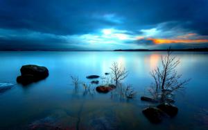Water Iron Stones Distance Horizon Sky Clouds Dawn Sunset Reflection Photo Background wallpaper thumb