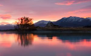 New Zealand, sunrise, house, lake, mountains, trees, red sky wallpaper thumb