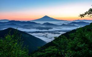 Fujiyama, Japan, mountain, fog, clouds, trees, morning wallpaper thumb