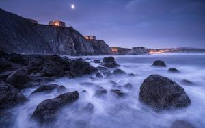 Spain Bay Biscay Beach Stones Rocks Houses Lights Lighting Night Moon Blue Sky Image Gallery wallpaper thumb