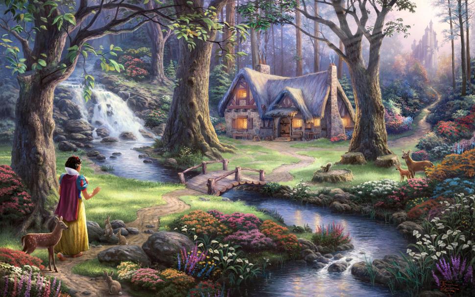 Snow White Disney Cabin Trees Stream Forest HD wallpaper | art and