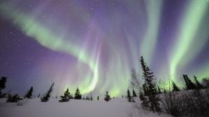 Aurora Borealis Northern Lights Snow Winter Night Stars HD wallpaper thumb