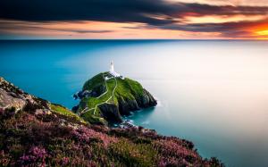 Sea, coast, lighthouse, sunset wallpaper thumb