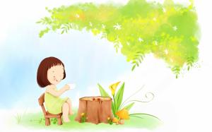 Child theme painting, little girl tea under a tree wallpaper thumb