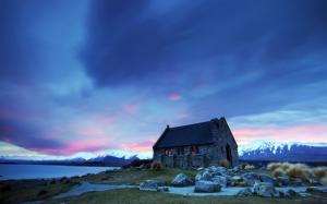 House, mountains, stones, sunset, blue sky wallpaper thumb