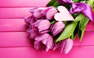 Pink tulips, flowers, ribbon wallpaper thumb