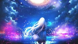 anime, white hair, anime girls, night sky, stars, colorful wallpaper thumb