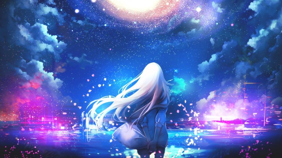 Long hair anime girls stars clouds sky anime white hair wallpaper | anime |  Wallpaper Better
