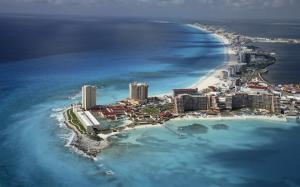 Cancun Peninsula Aerial Ocean Coast Buildings HD wallpaper thumb