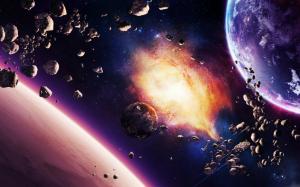 Asteroids planet nebula and spaceship wallpaper thumb