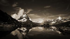 Mountains Landscape Sepia Reflection Clouds Pond HD wallpaper thumb