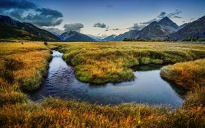 New Zealand nature landscape, river, mountains, meadows wallpaper thumb
