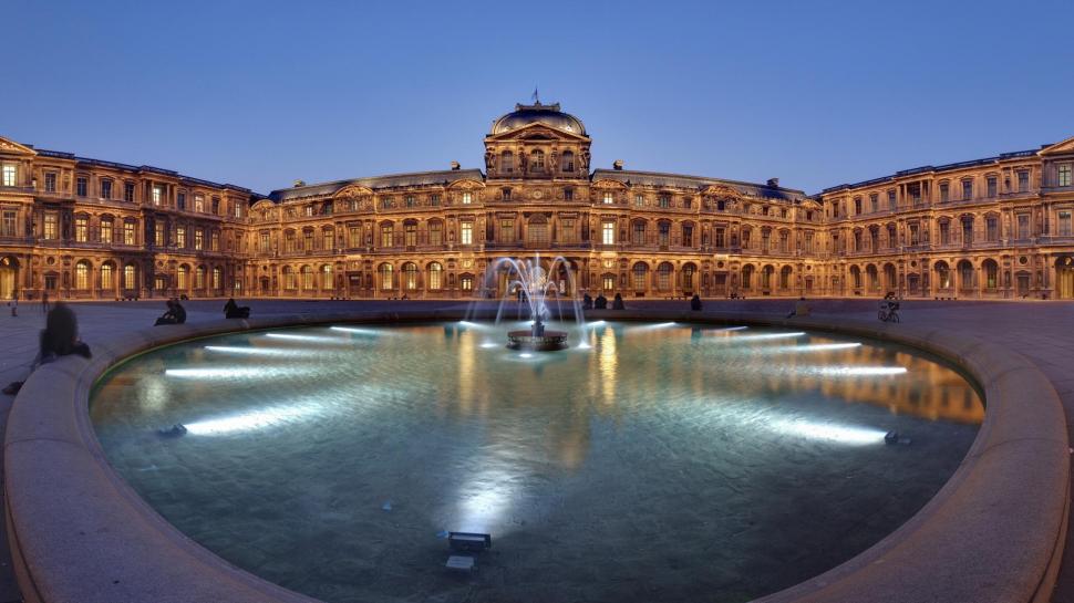 Panoramic Fountain At The Louvre Museum wallpaper,lights HD wallpaper,dusk HD wallpaper,museum HD wallpaper,fountain HD wallpaper,nature & landscapes HD wallpaper,1920x1080 wallpaper