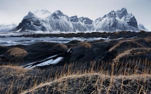 Iceland, Vestrahorn, black sand, grass, mountains, sky wallpaper thumb